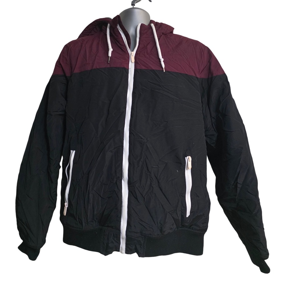 FSBN Mens Color Block Hooded‎ Bomber Jacket Men's Size L Black Burgundy